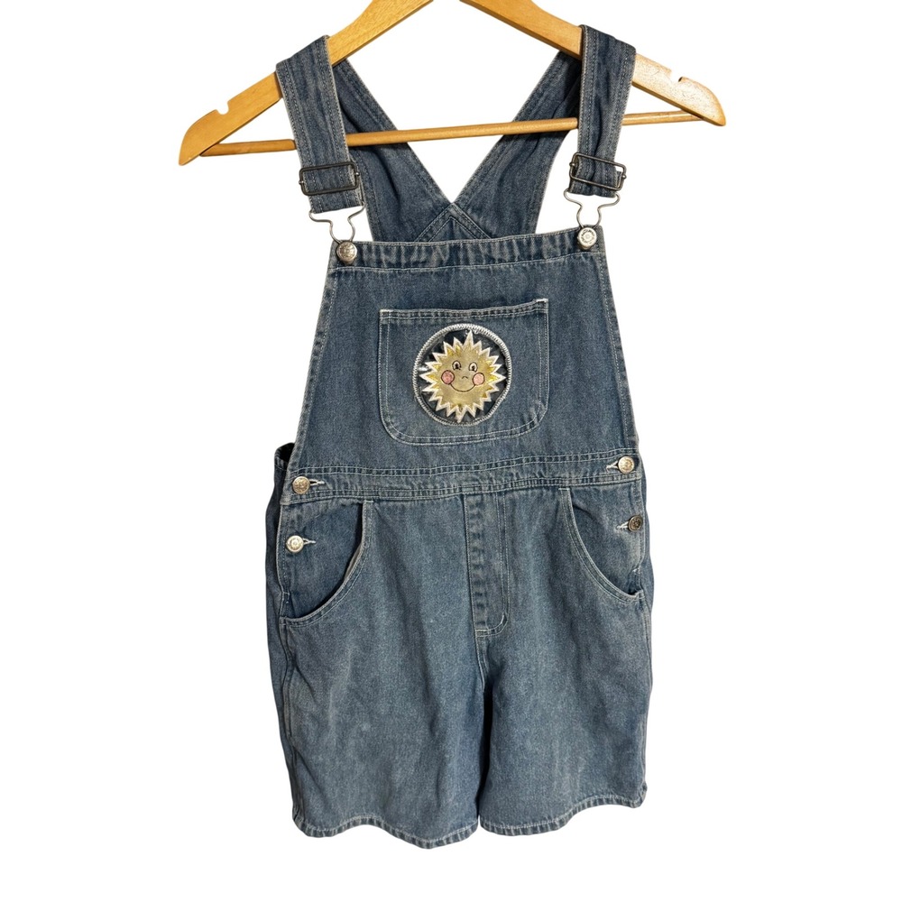 Vintage D'Mode Girls Denim Shortalls Blue Sun Patch Embroidered Overalls Size M